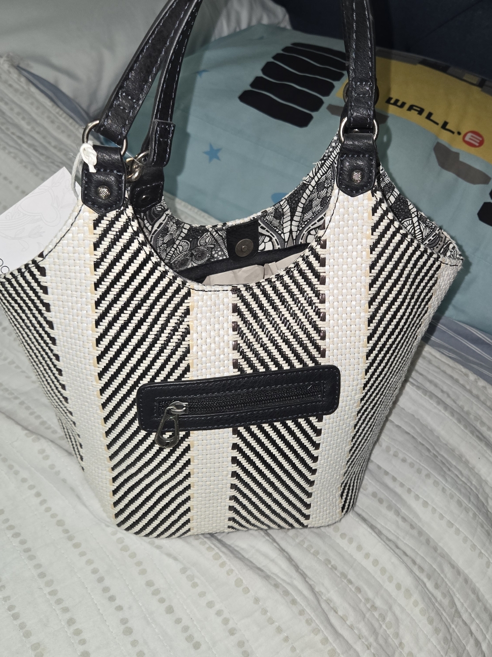 NWT Sakroots Artist Circle Roma Shopper Bag - Black & White Woven Straw